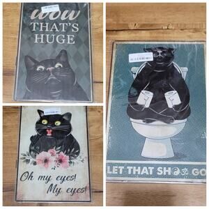 Black Cat Humor Bathroom Metal Sign Lot of (3)